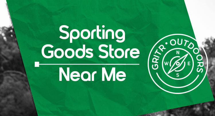 graphic, White text on the green background reads Sporting Goods Store Near Me. To the right, there is a circular white logo with gritr outdoors and a compass rose design, linking to the about us page 