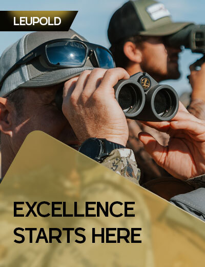 graphic, a man looking through binoculars, text, Leupold Premium Optics