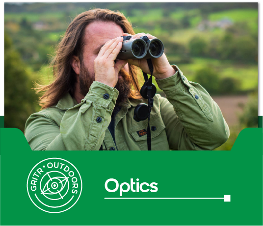 graphic, a man looking through binoculars, text, optics